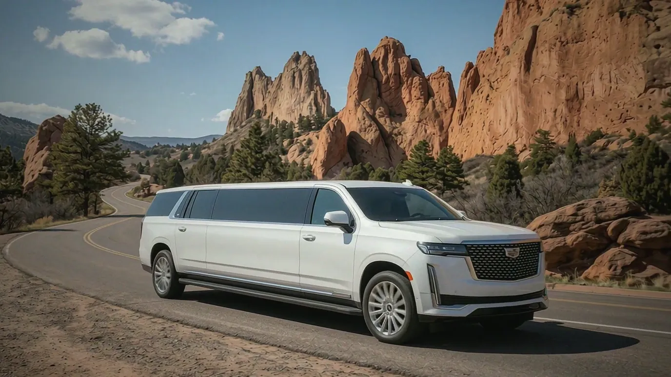 Berthoud white Cadillac Escalade 20 passenger stretch limo