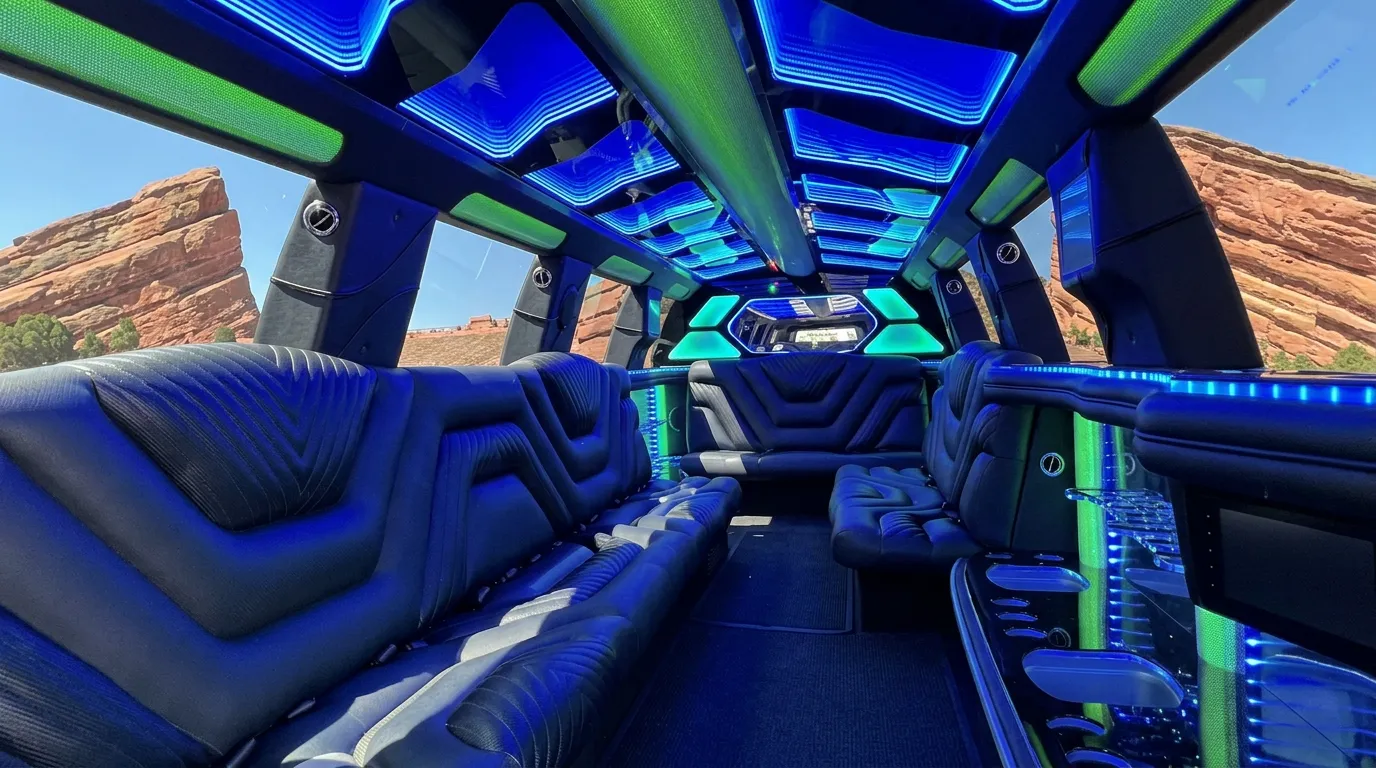 Inside the Chevy Suburban limo in Berthoud: LED light-show ceiling, leather lounge seating and lit bar