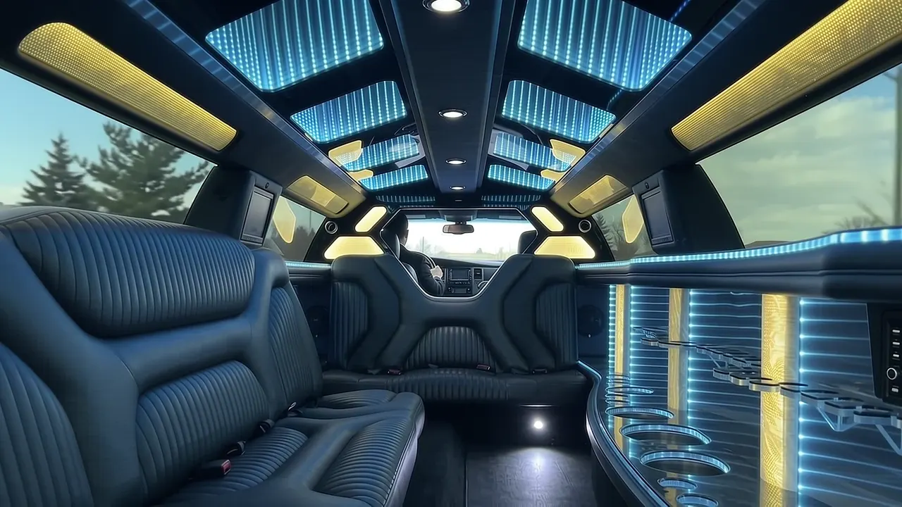 Inside the Dodge Charger limo in Berthoud: LED light-show ceiling, leather lounge seating and lit bar