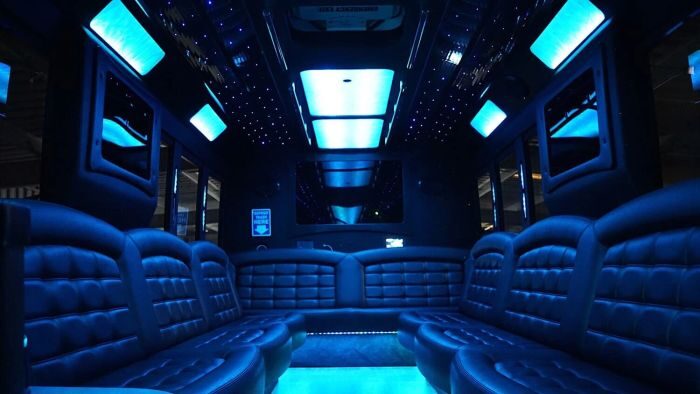 Wraparound seating and blue LED lights – Berthoud limo service