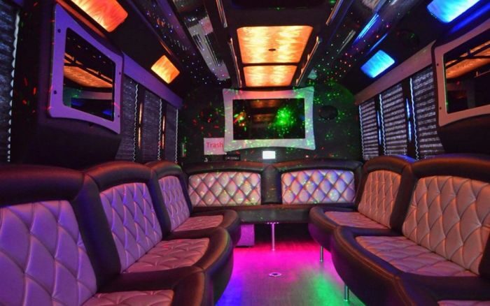 Party bus lounge with LED ceiling – Berthoud limo service